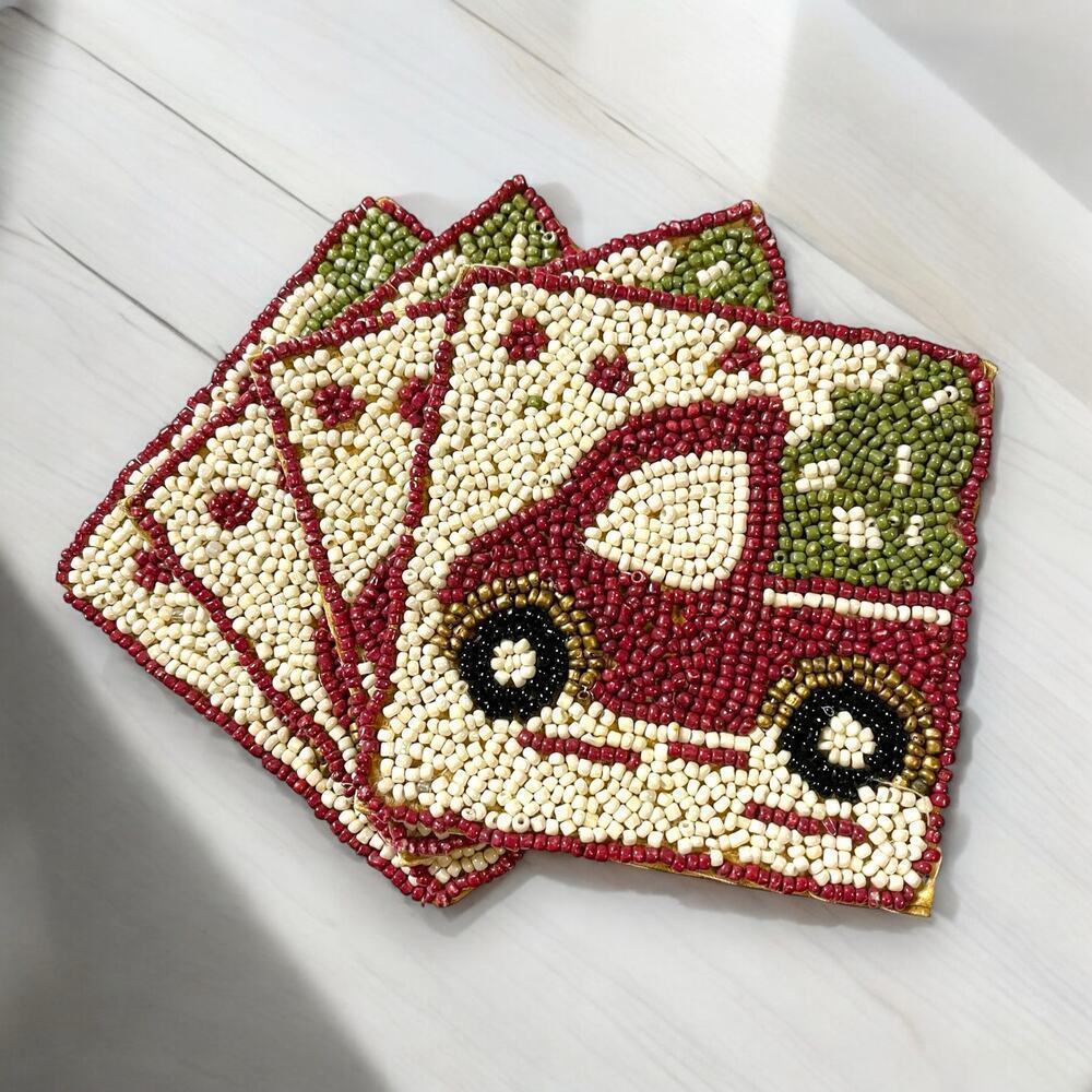 Pier 1 Imports Beaded Coasters Red Truck Christmas Set of 4 Pier 1 Velvet Bag